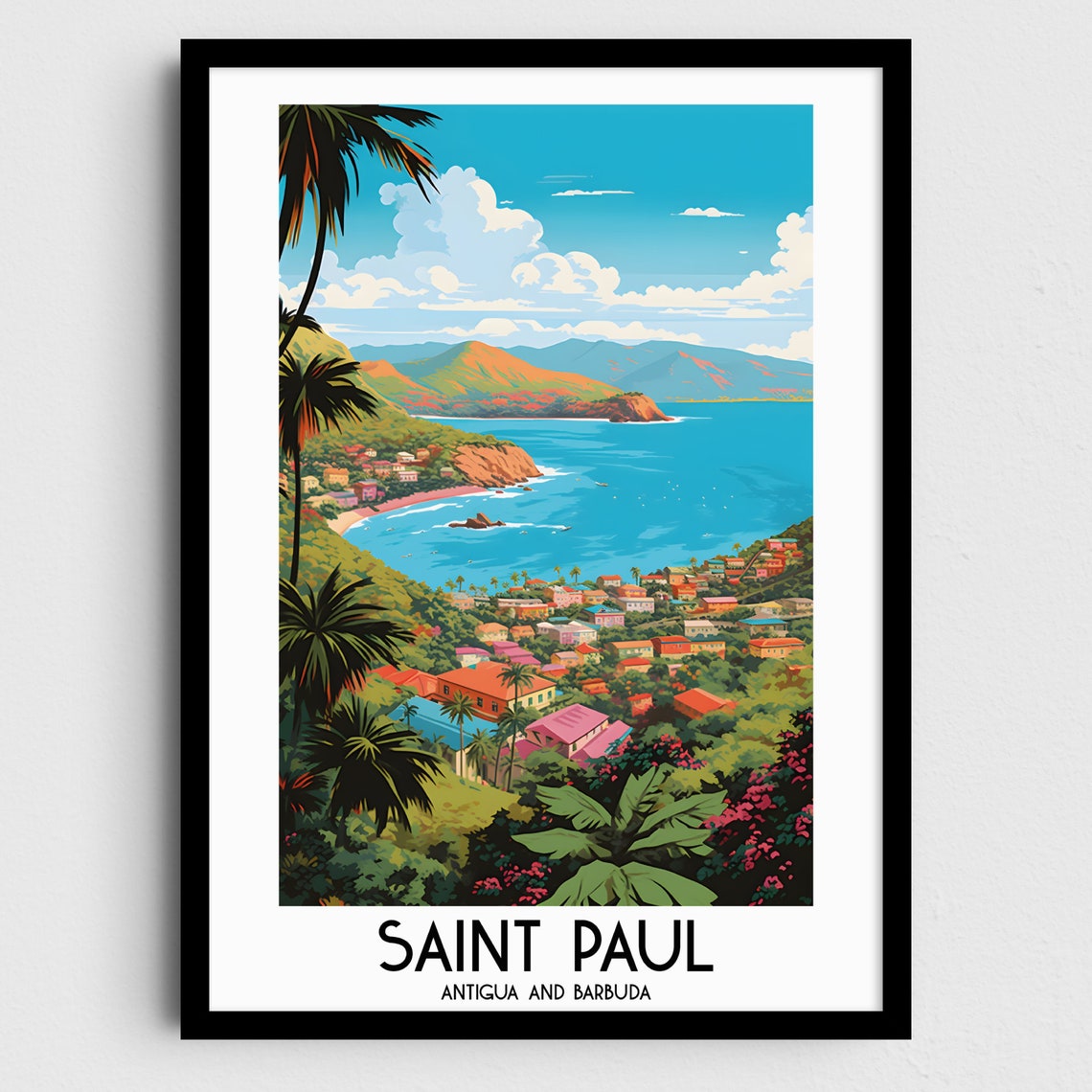 Saint Paul Antigua and Barbuda Caribbean Coast Tropical Bay Travel Poster