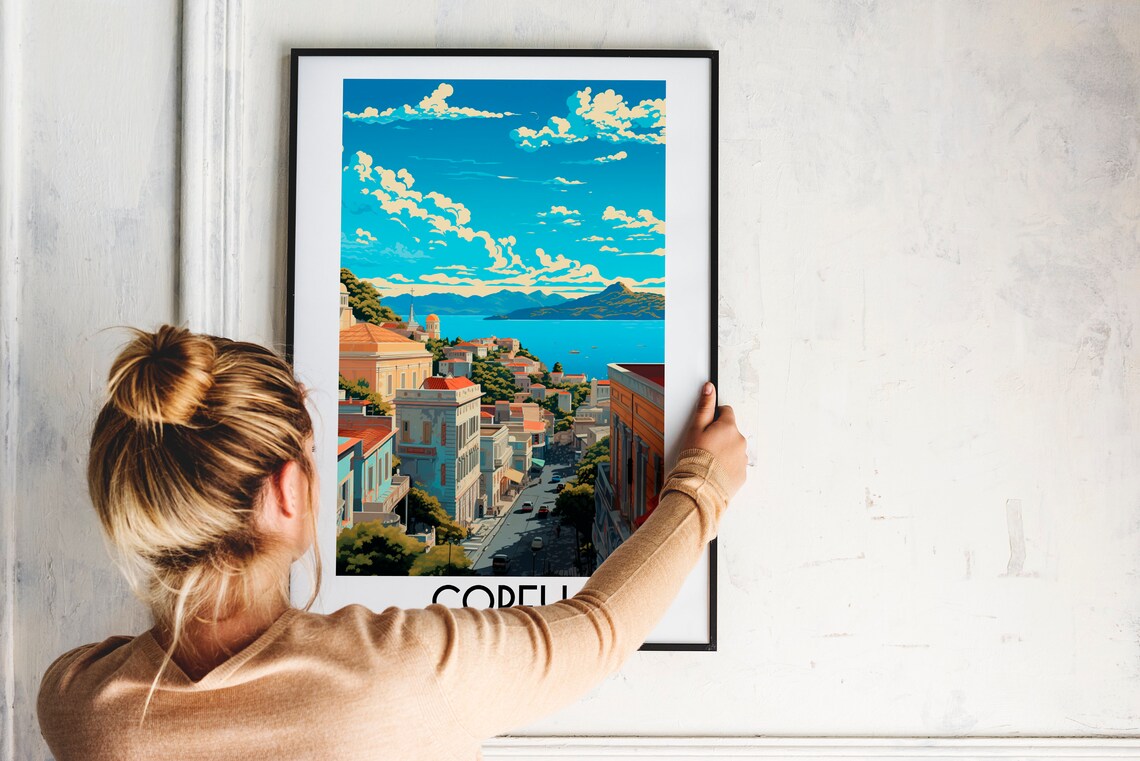 Corfu Greece Old Town Street Sloping Down to the Sea Travel Poster - Image 2