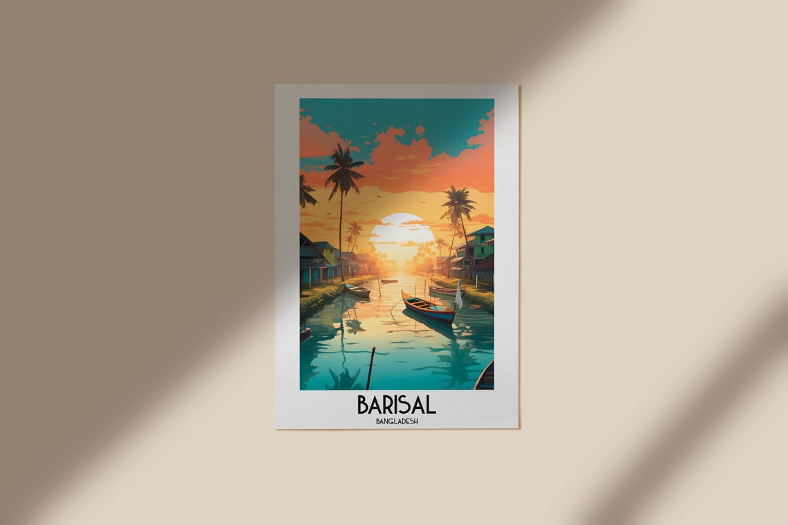 Barisal Bangladesh River Boats Palm Trees Sunset View Poster - Image 3