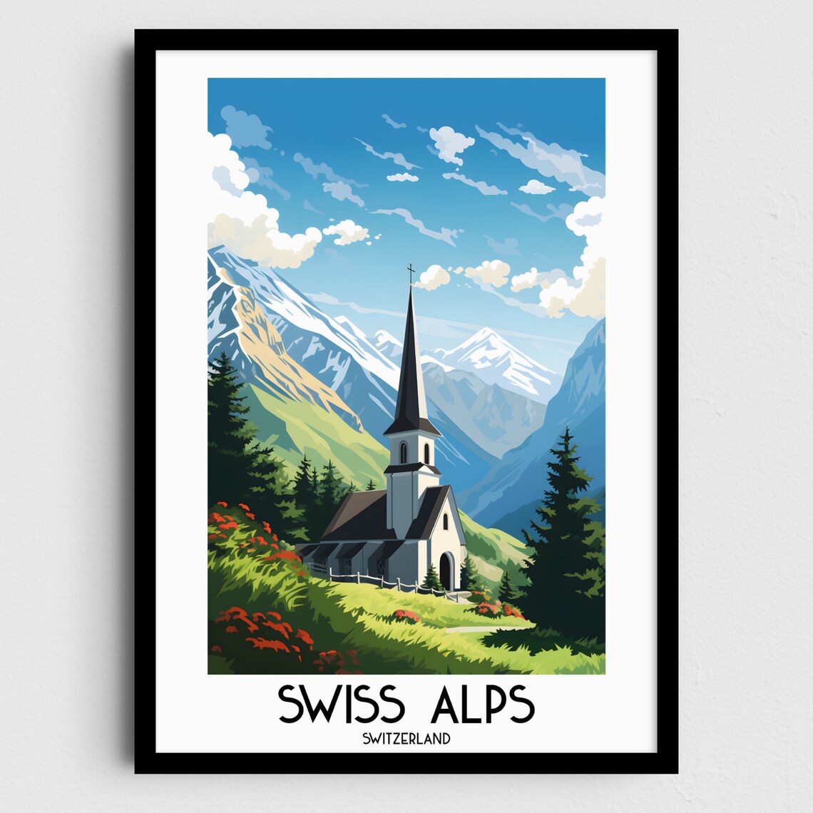 Swiss Alps Mountain Chapel Alpine Peaks Vintage Style Travel Poster