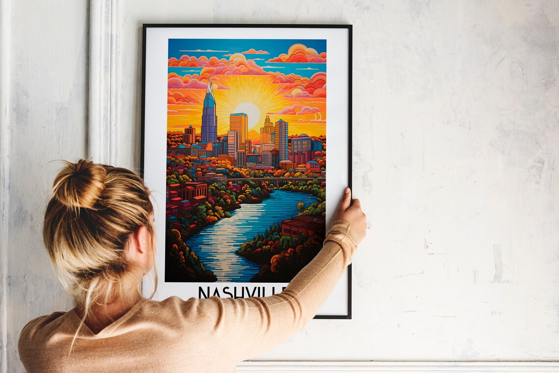Nashville Tennessee Skyline Sunset River City Vintage Travel Poster - Image 2