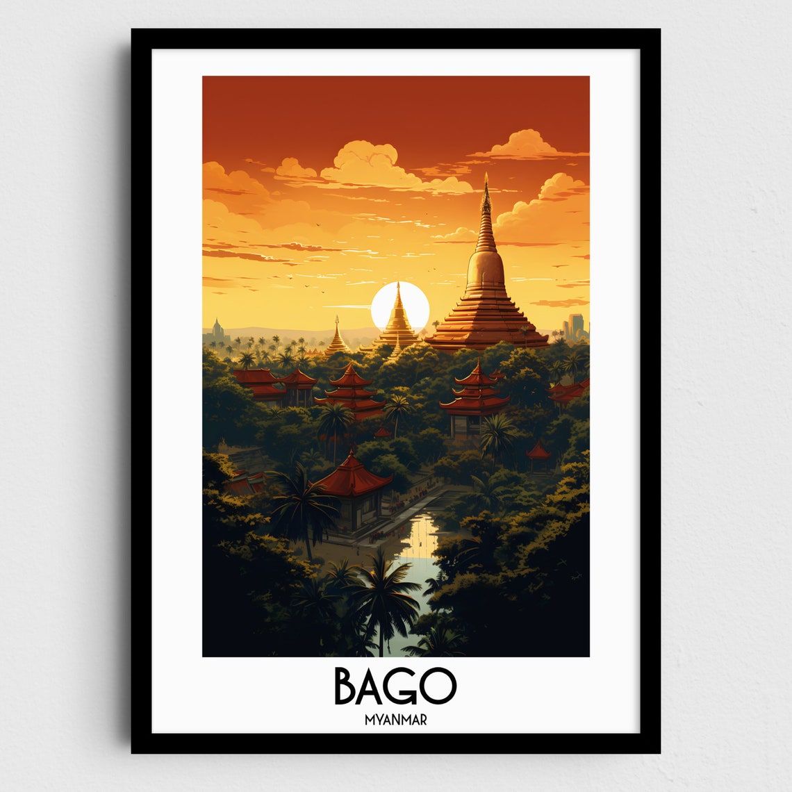 Bago Myanmar Golden Buddhist Stupa Sunset Scenic Travel Poster