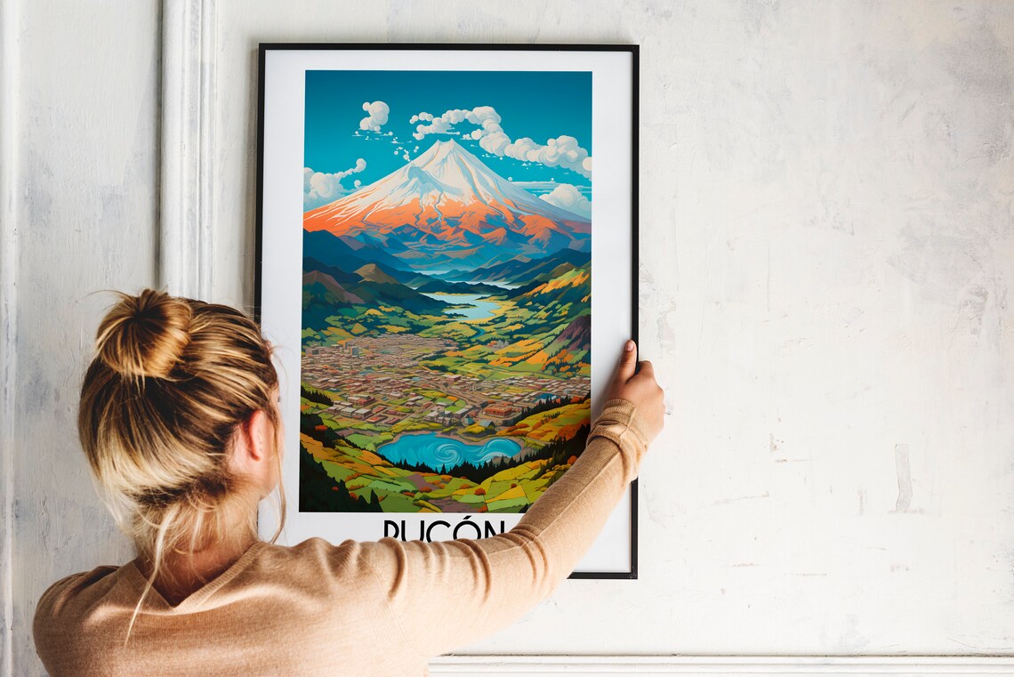 Pucon Chile Villarrica Volcano and Lake Town Valley Travel Poster - Image 2
