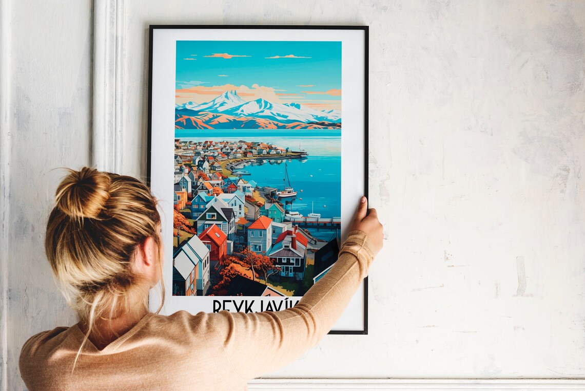 Reykjavík Iceland Harbor Town Snowy Mountain Retro Travel Poster - Image 2