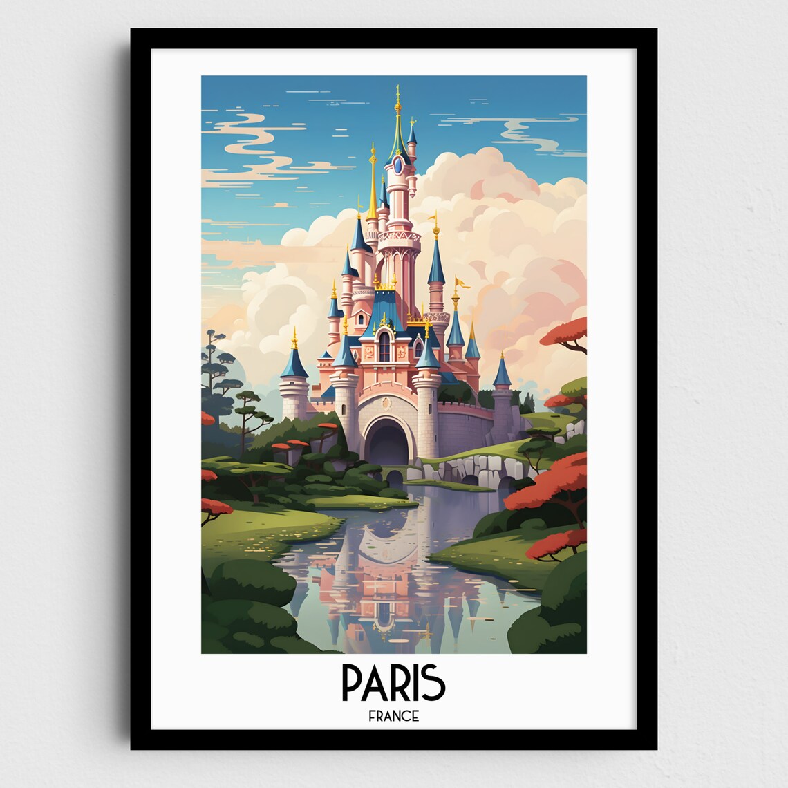 Paris France Fairytale Castle Pink Gold Retro Travel Art Poster