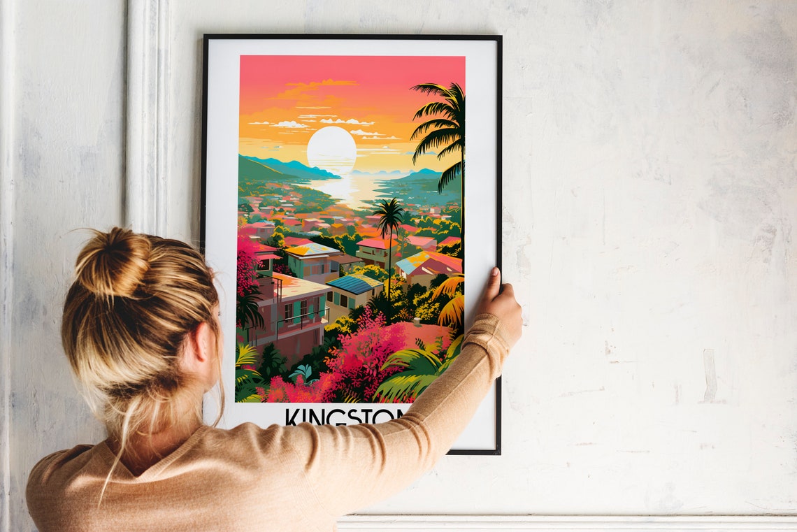 Kingston Sunset Harbor Town Palm Trees Jamaica Travel Poster - Image 2