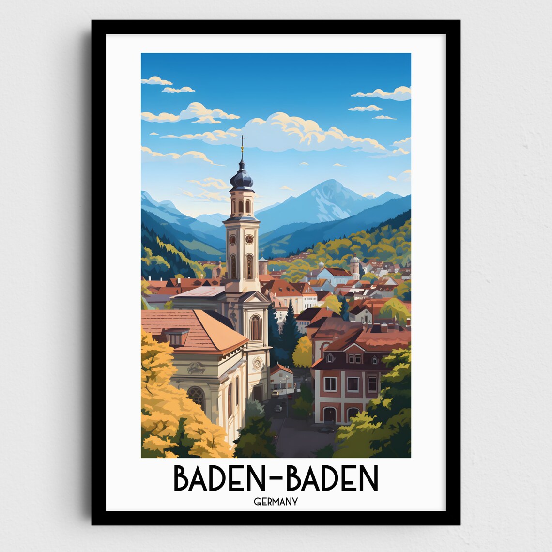 Baden-Baden Germany Church Tower Mountain Town Vintage Travel Poster