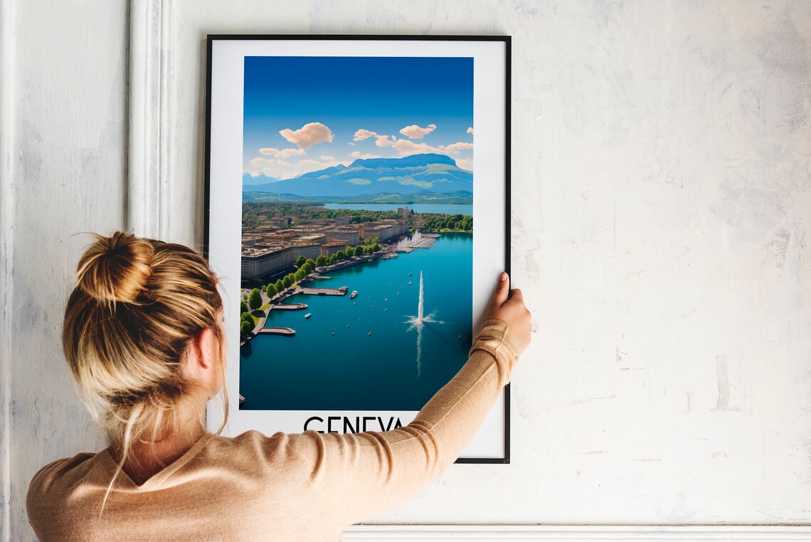 Geneva Switzerland Lake Water Fountain Mountain Travel Poster - Image 2