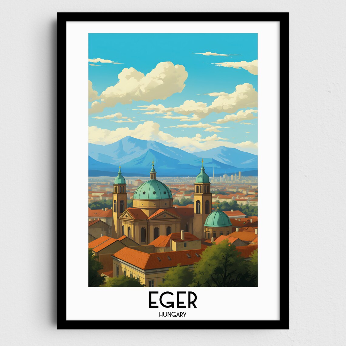 Eger Hungary Cathedral Green Domes Historic Town Travel Poster