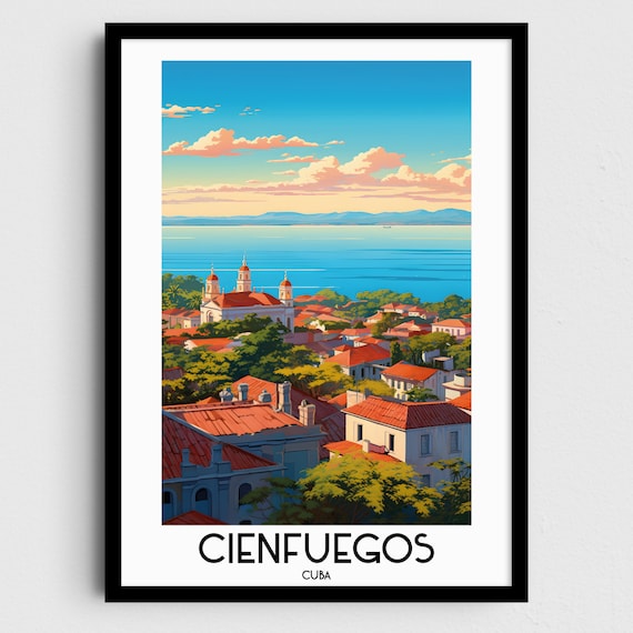 Cienfuegos Red Tile Roofs Twin Church Towers Blue Bay Cuba Travel Poster