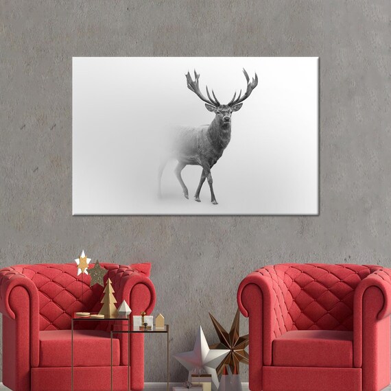 Stag with Grand Antlers Stepping Out of Thick White Fog Poster