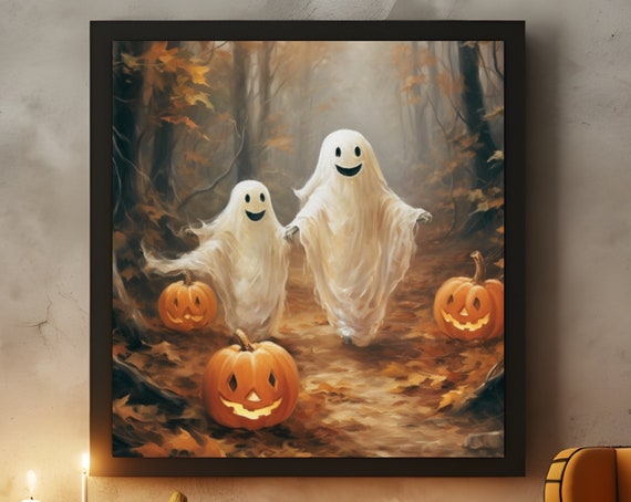 Cute Ghosts In The Forest Wall Art Spooky Vintage Painting Poster Halloween Muted Neutral Print Farmhouse Halloween Decor
