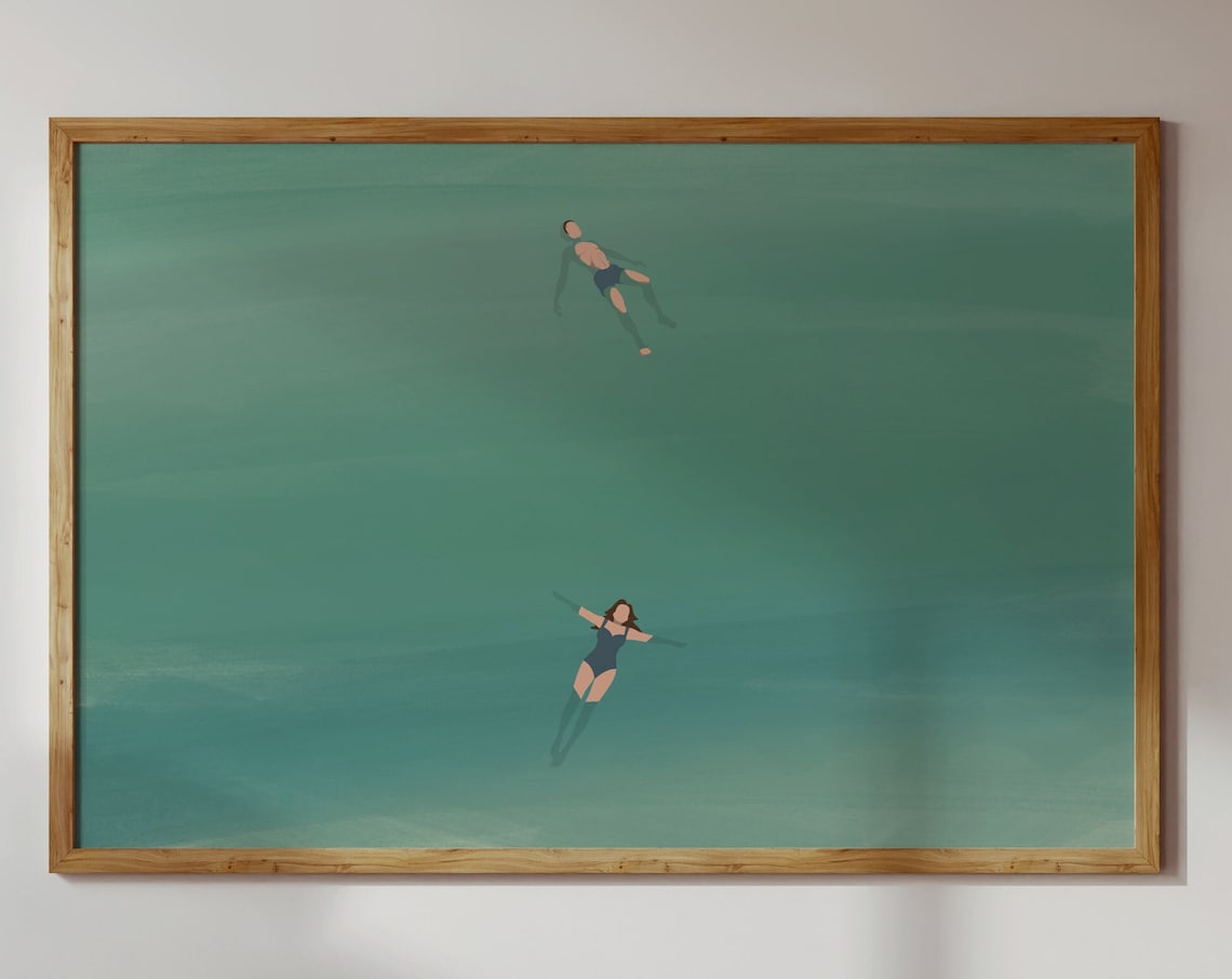Man And Woman Floating In Water Beach Art Print