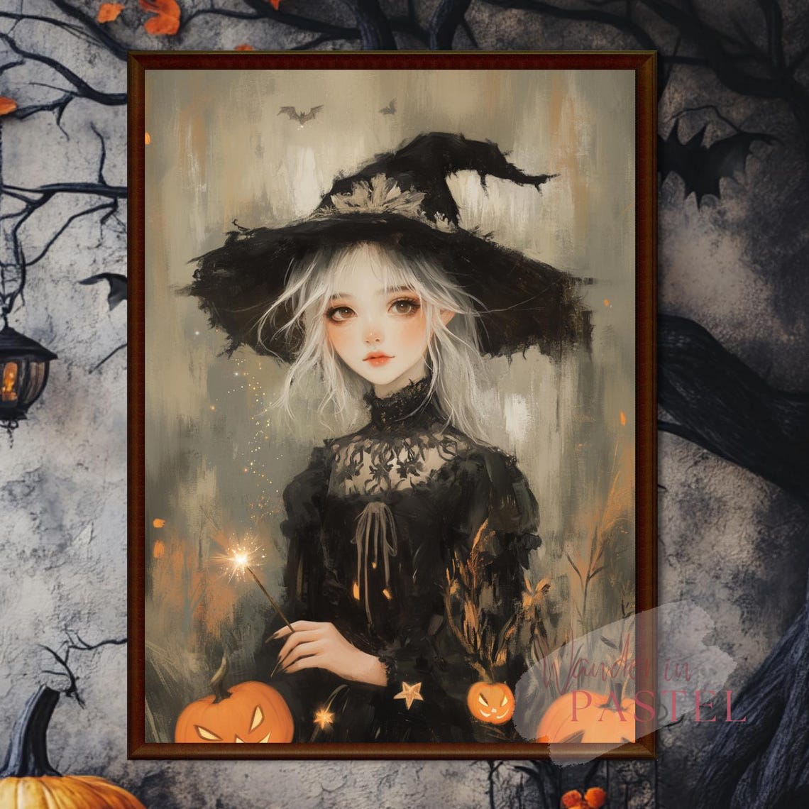 Cute Halloween Witch Casting A Spell Wall Art Black Orange Oil Painting Style Print
