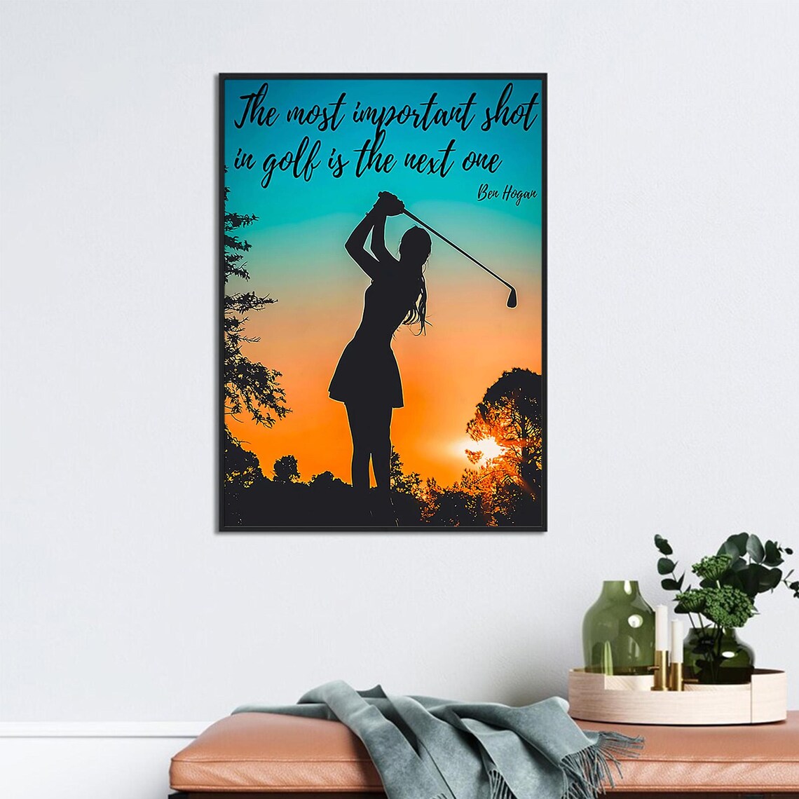 Ben Hogan Golf Quote Woman Swinging At Sunset Motivational Poster - Image 2