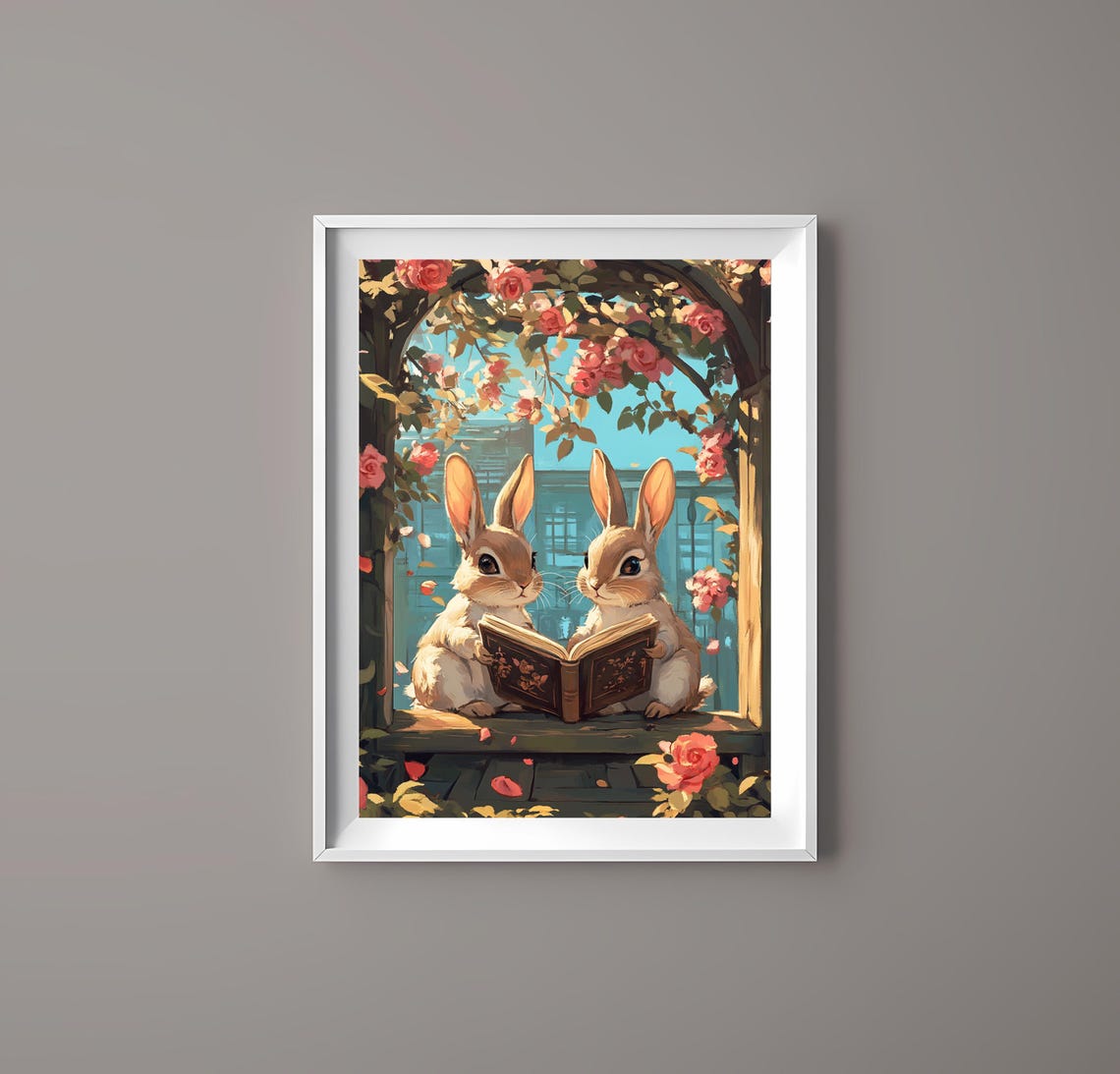 Two Cute Bunnies Reading a Book Under a Rose Arch Illustration Poster - Image 3