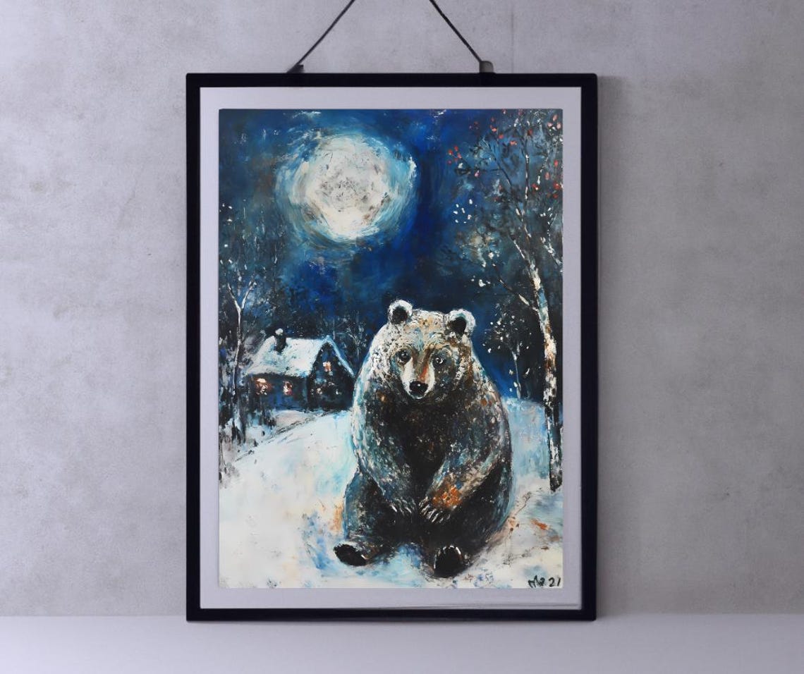Winter Bear Under a Full Moon in a Snowy Village Night Art Poster