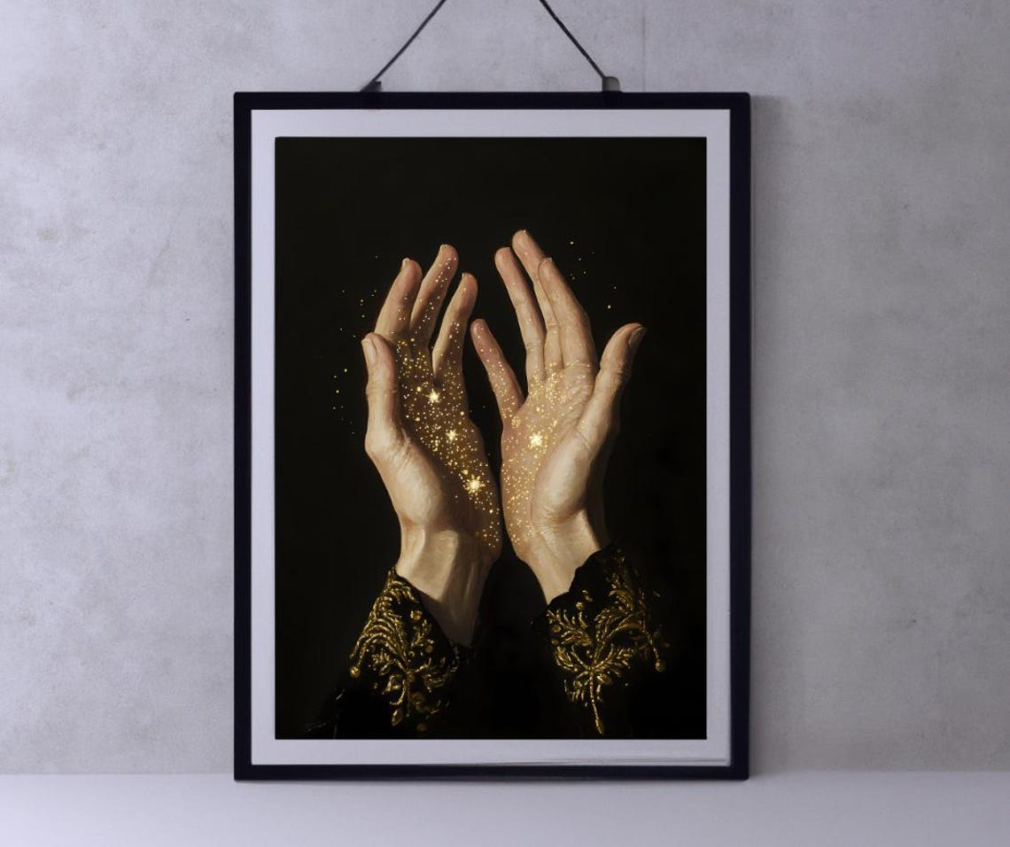 Golden Starry Hands Dark Celestial Magic Moody Night Sky Art Poster
