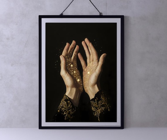 Golden Starry Hands Dark Celestial Magic Moody Night Sky Art Poster