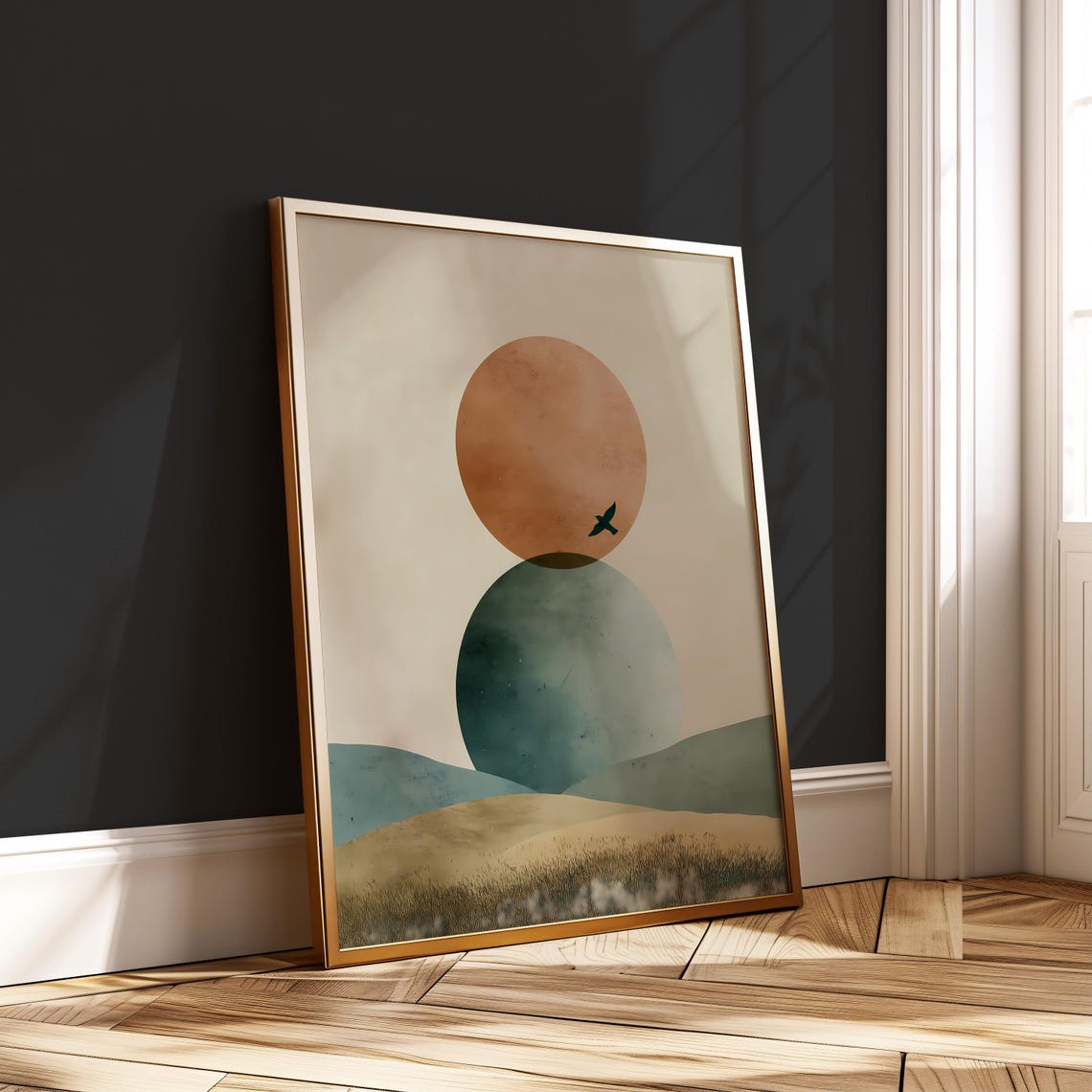 Japandi Geometric Abstract Sun Moon Circles Landscape Poster