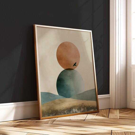 Japandi Geometric Abstract Sun Moon Circles Landscape Poster