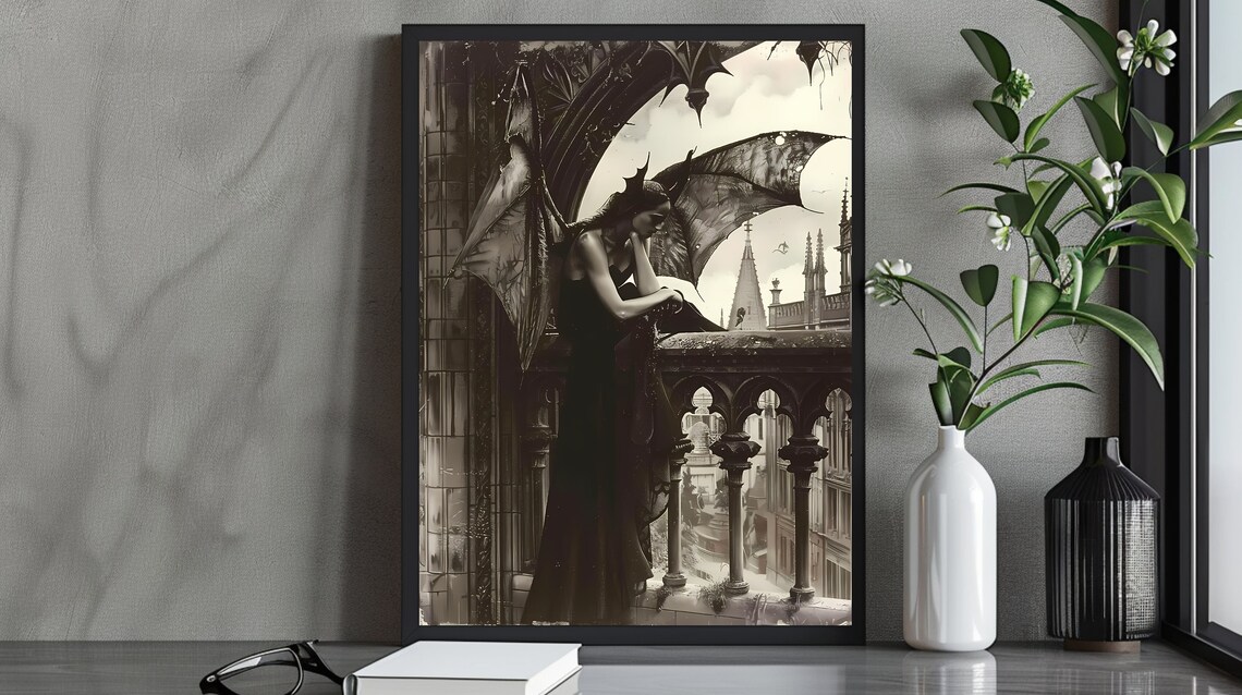 Gothic Bat Woman Art Print, Victorian Vampire