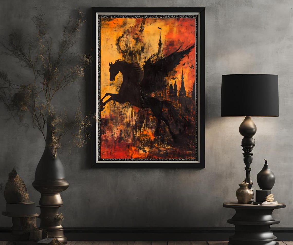 Dramatic Black Pegasus Fiery Gothic Cityscape Fantasy Art Poster - Image 3
