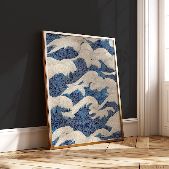 Japanese Wave Pattern Minimalist Ocean Line Art Print Japandi Zen Poster Abstract Blue Sea Decor