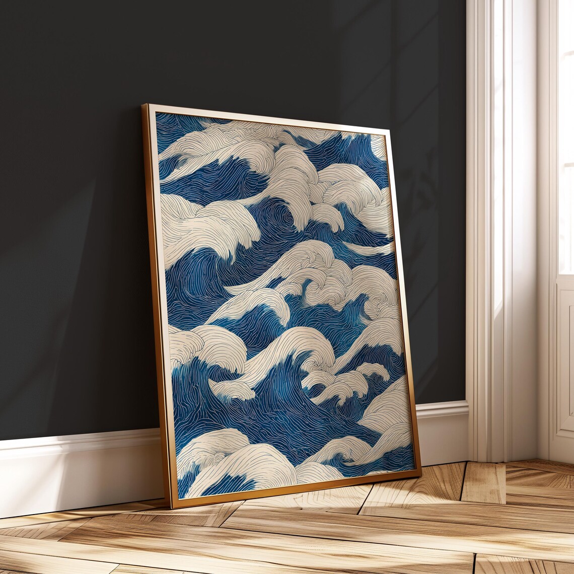 Japanese Wave Pattern Minimalist Ocean Line Art Print Japandi Zen Poster Abstract Blue Sea Decor