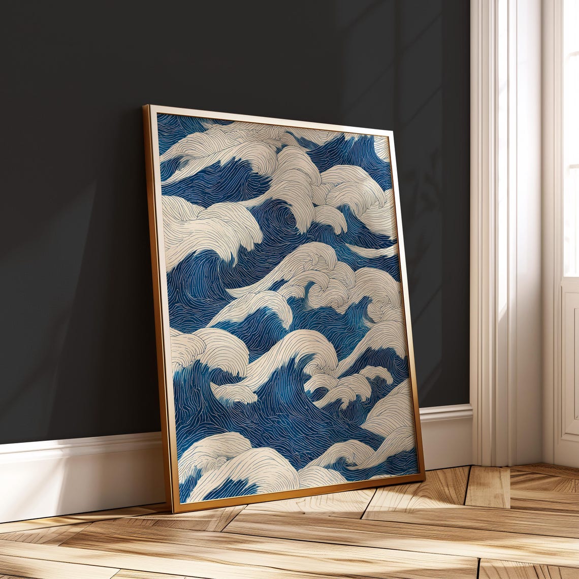 Japanese Wave Pattern Ocean Line Art Minimalist Japandi Style Print