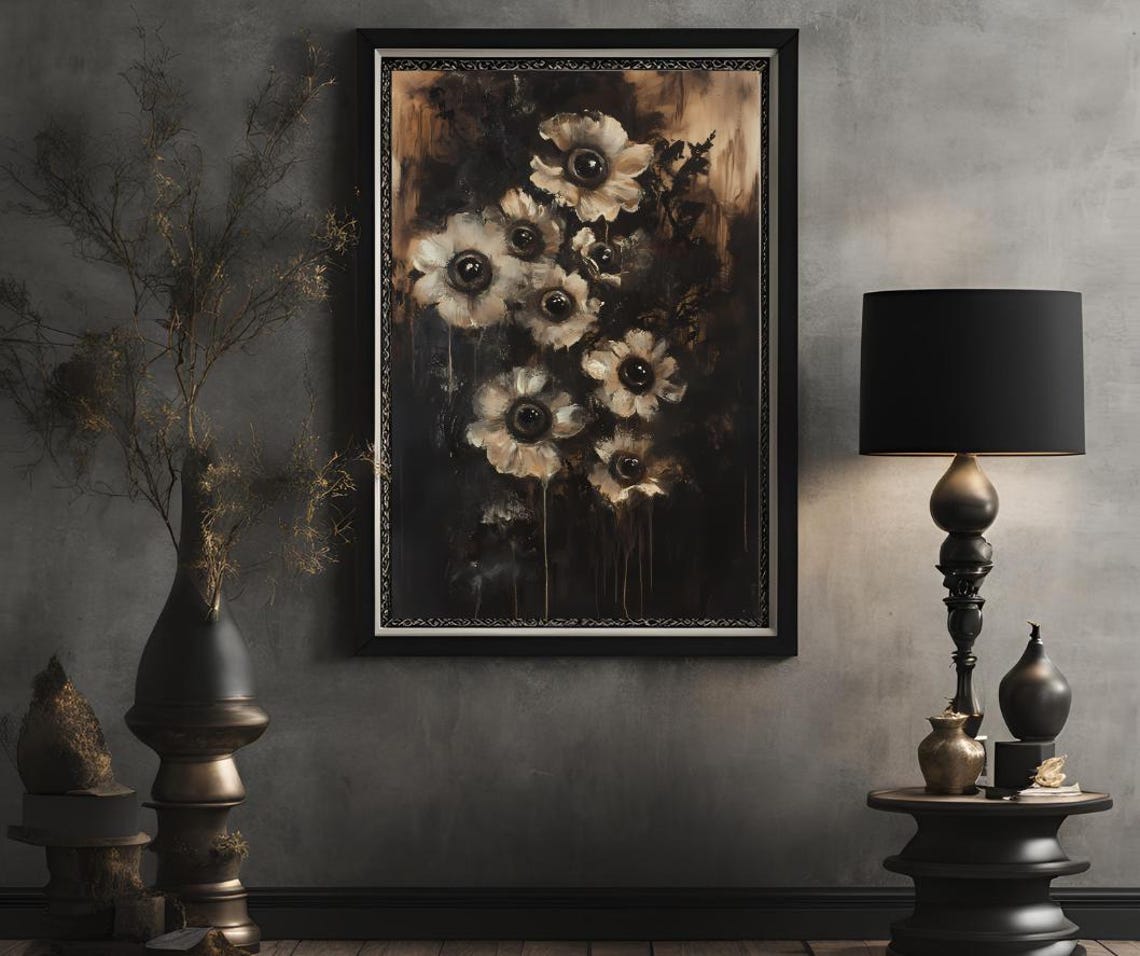 Dark Macabre White Flowers with Eye Centers Goth Floral Art Poster - Image 2