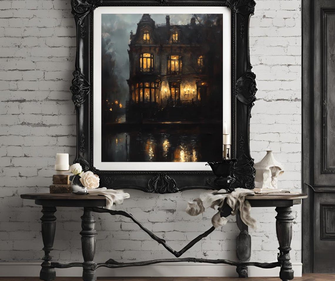 Moody Victorian Mansion at Night with Lit Windows Reflection Poster - Image 4