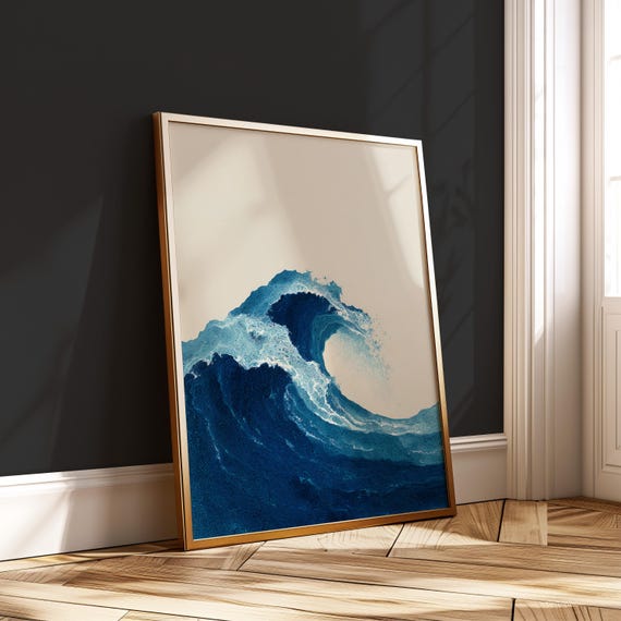 Abstract Ocean Wave Bold Blue Wall Art Minimalist Sea Poster Modern Coastal Decor