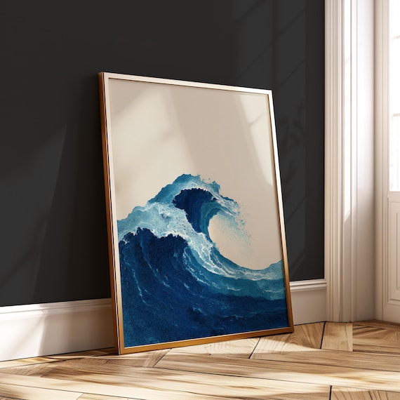 Bold Blue Ocean Wave Curl Japanese Style Minimalist Sea Wall Art Decor