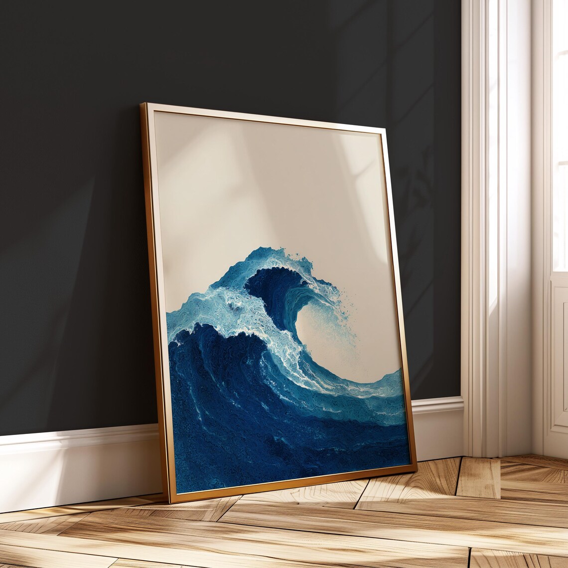 Abstract Ocean Wave Bold Blue Wall Art Minimalist Sea Poster Modern Coastal Decor