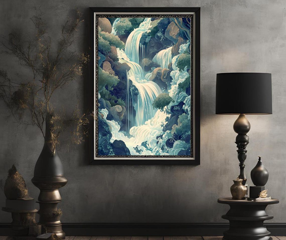 Hokusai Ukiyo E Framed Japanese Waterfall Wall Art Landscape Poster Print Blue Green Japanese Home Decor - Image 2