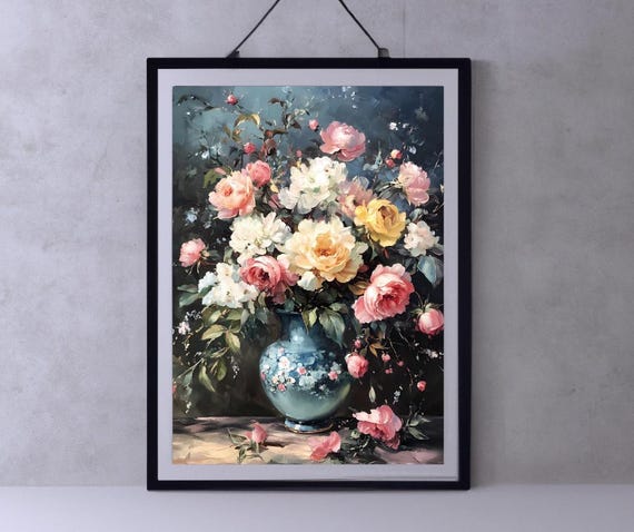 Moody Flower Wall Art Vintage Dark Floral Painting Farmhouse Wall Decor Antique Oil Painting Victorian Print