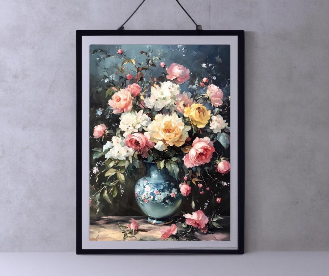 Pink And White Roses Bouquet In Teal Vase Dark Floral Art Poster