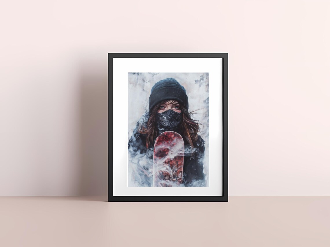 Masked Female Snowboarder Misty Mountain Winter Portrait Poster