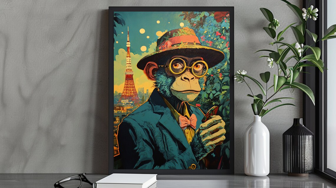Playful Monkey In The City, Whimsical Art Print