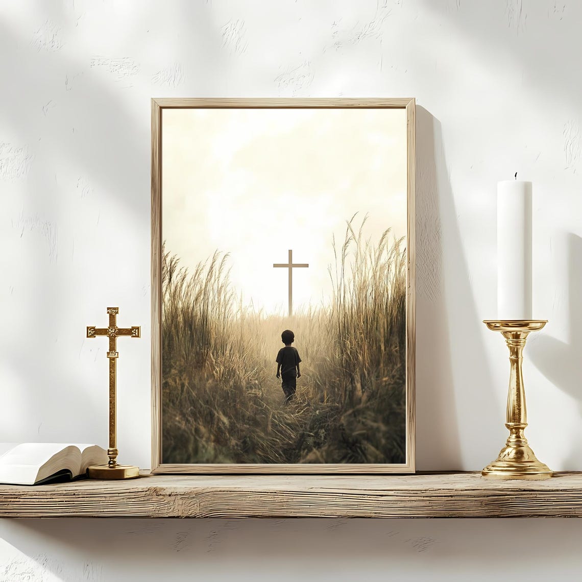 Child Walking To Cross Wheat Field Christian Faith Journey Print