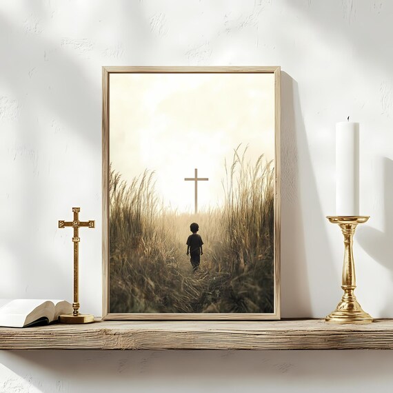 Child Walking To Cross Wheat Field Christian Faith Journey Print
