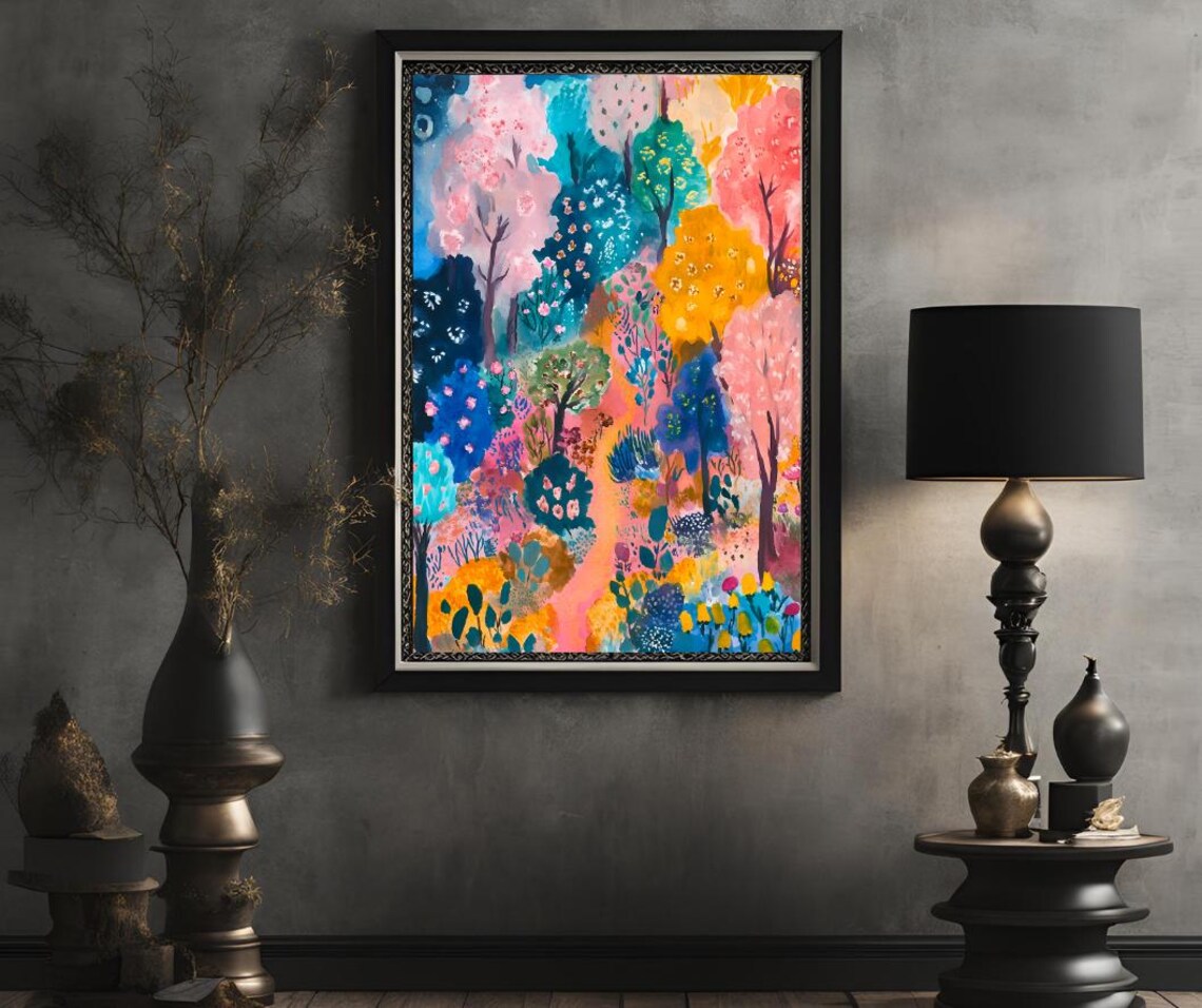Colorful Whimsical Botanical Forest in Pink Teal Orange Art Poster - Image 2