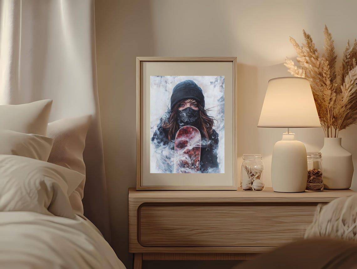 Masked Female Snowboarder Misty Mountain Winter Portrait Poster - Image 3