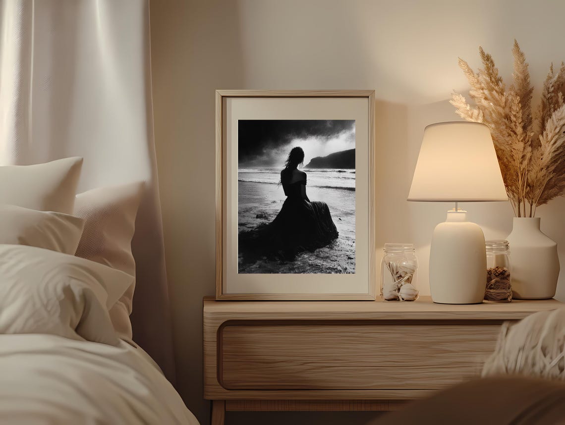 Silhouette Woman Long Dress Stormy Beach Black White Dramatic Poster - Image 3