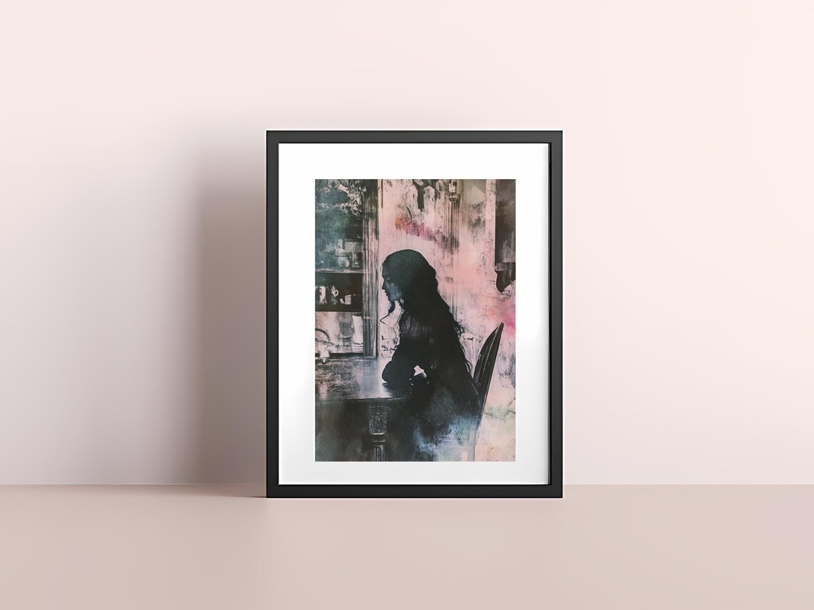 Lonely Woman Silhouette At Table Moody Pink Grey Minimalist Poster