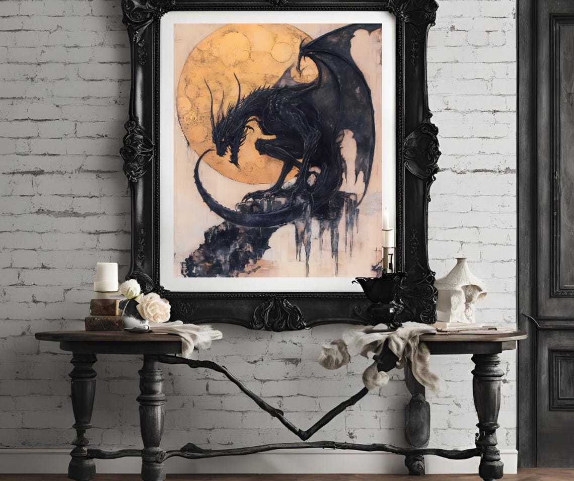 Black Dragon Art Majestic Dragon With Golden Moon Fantasy Wall Decor Gift For Dragon Lovers - Image 4