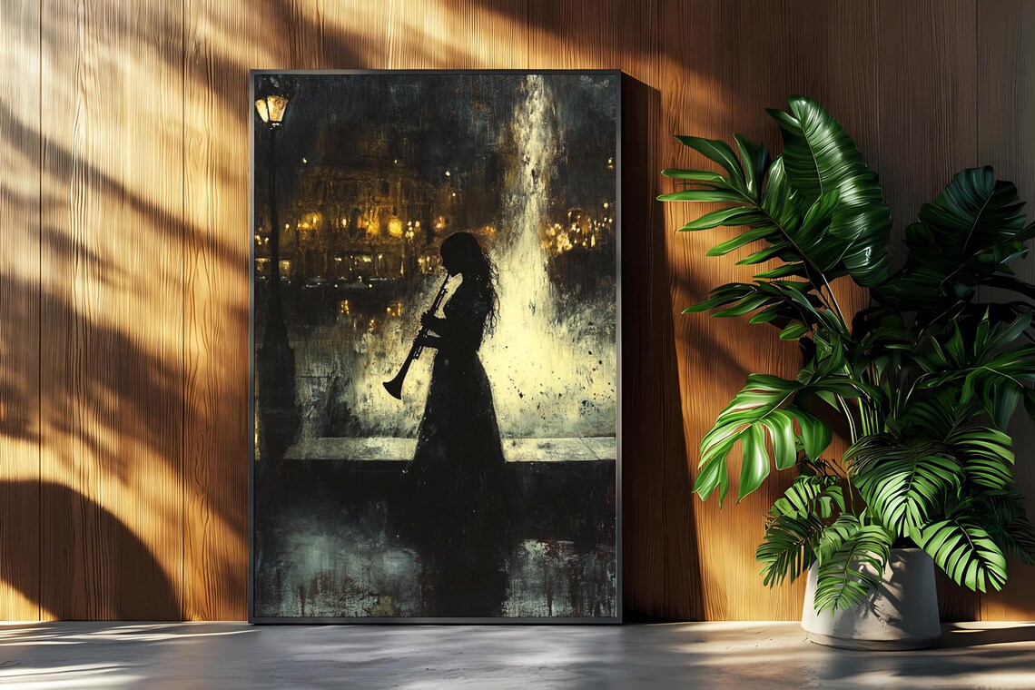 Clarinet Player Silhouette, Atmospheric Night Scene