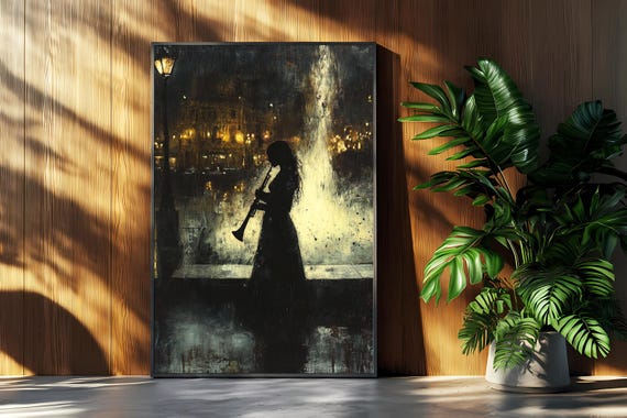 Clarinet Player Silhouette, Atmospheric Night Scene