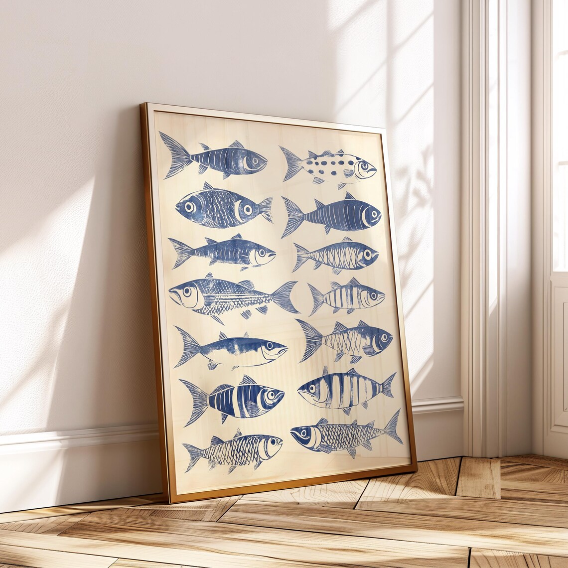 Blue Fish Pattern Vintage Kitchen Art Print